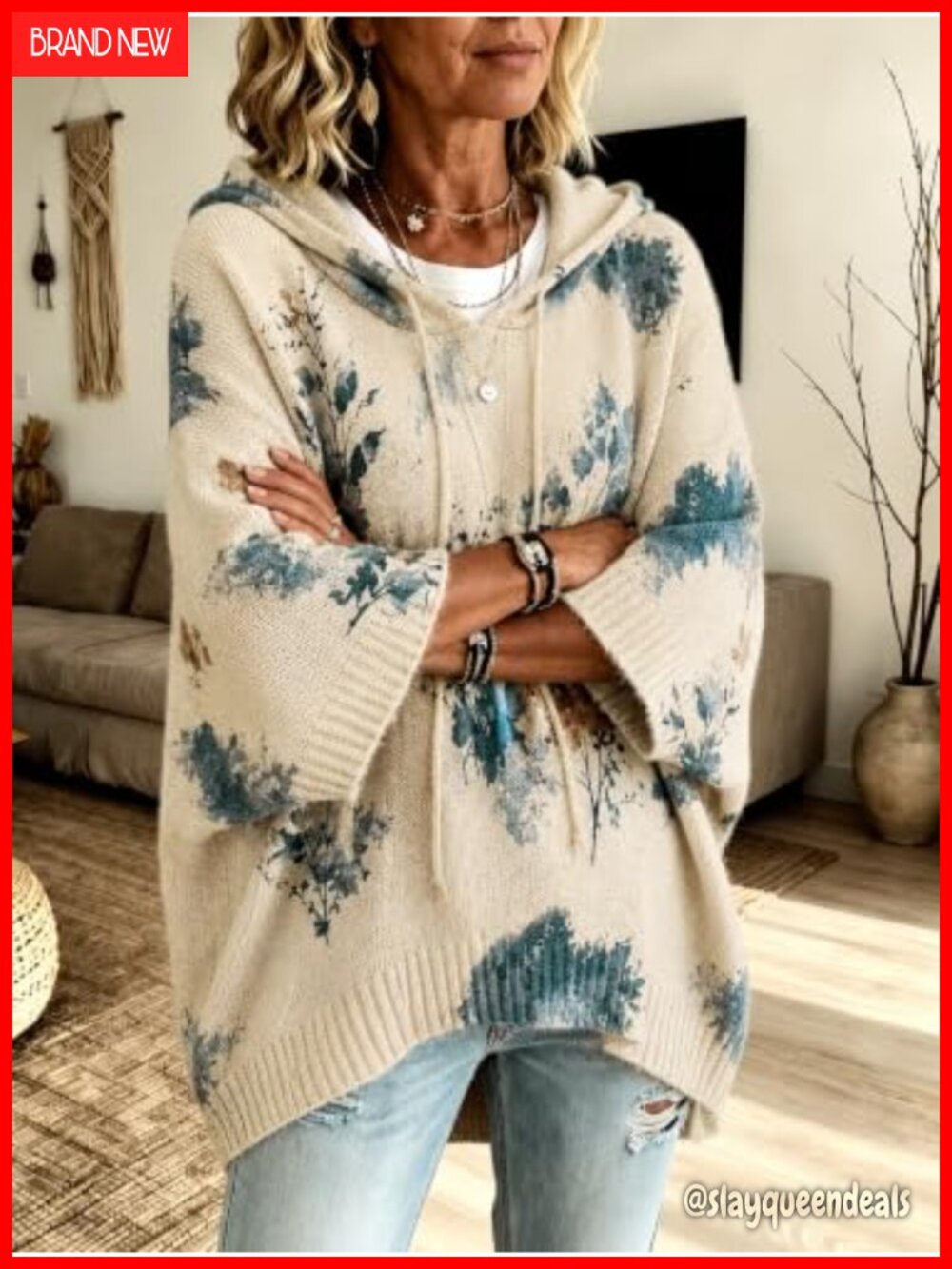 Floral Hooded Sweater Women 3/4 Batwing Sleeve Oversized Knit Pullover